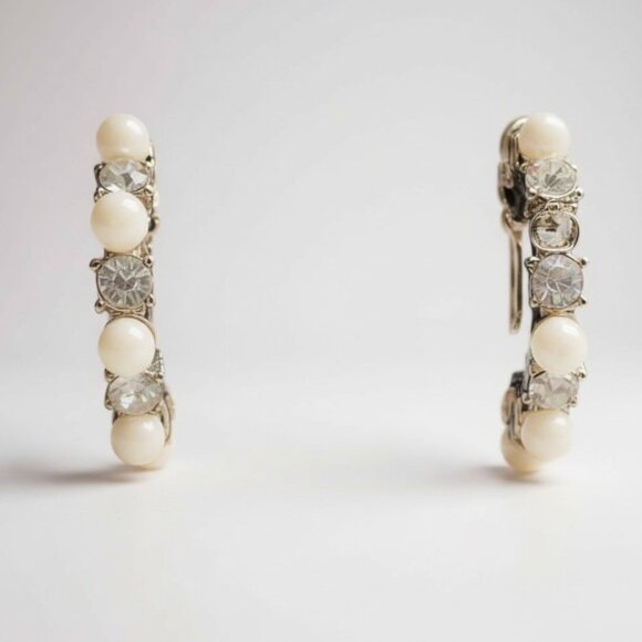 Silver-Tone Hoop Earrings With Faux Pearls & Rhinestones Clip-On Style - Picture 1 of 6